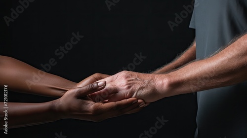 African American man and woman holding hands on black background, closeup Generative AI
