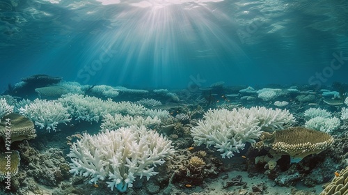 Underwater photograhp of coral beached and dead due to ocean warming
