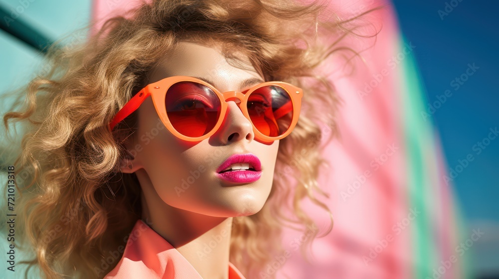 Fashion portrait of young beautiful woman with bright makeup and pink sunglasses. Beauty, fashion. Generative AI