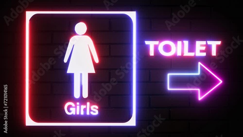 Girls toilet signs in neon lights animation. Glowing white WC toilet neon sign with Male ad Female icon on bricks wall background. In and out sign. photo