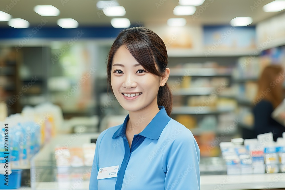 Portrait of beautiful asian woman a employee at supermarket store Generative AI Portrait of beautiful asian woman a employee at supermarket store Generative AI
