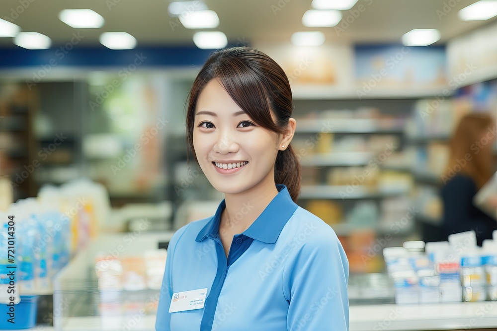 Portrait of beautiful asian woman a employee at supermarket store Generative AI