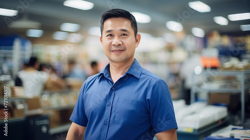 Portrait Asian Hardware Store manager Boss in dark blue shirt Generative AI © Tony