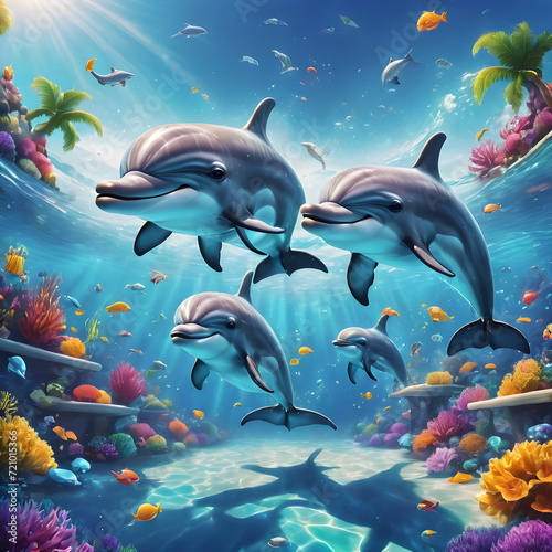 Illustration of adorable dolphins frolicking in the ocean