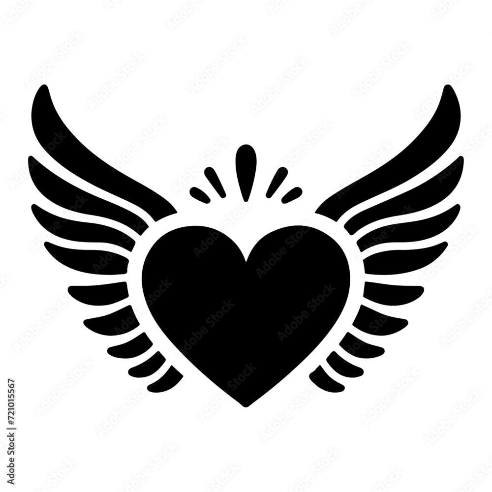Obraz premium minimal Heart with wings vector icon, clipart, symbol, black color silhouette