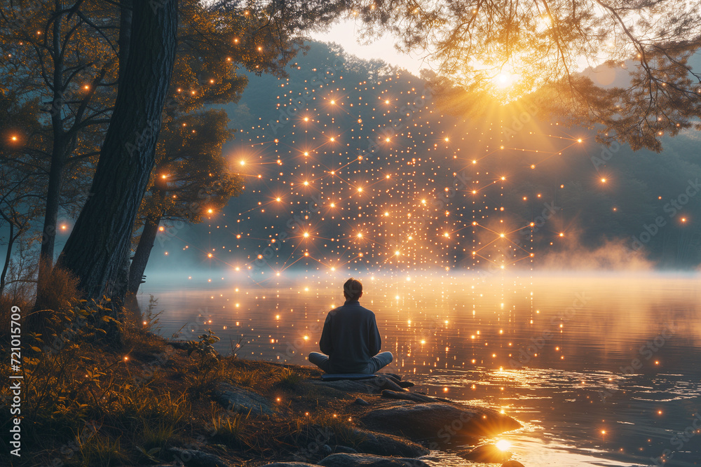 A silhouette of a person in a meditative pose surrounded by a serene natural landscape, with images of neural connections emerging seamlessly from the environment.