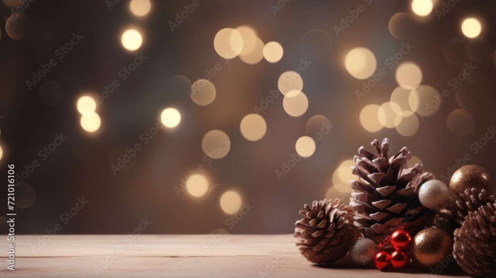 Christmas background with pine cones, Christmas balls and bokeh lights Generative AI