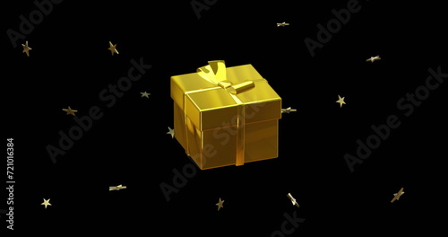 Gold christmas gift rotating with gold stars on black background
