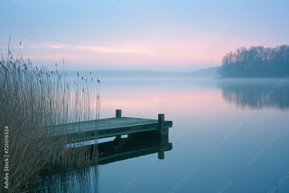 Tranquil Morning: Lakeside Reflections at Sunrise - obrazy, fototapety, plakaty 