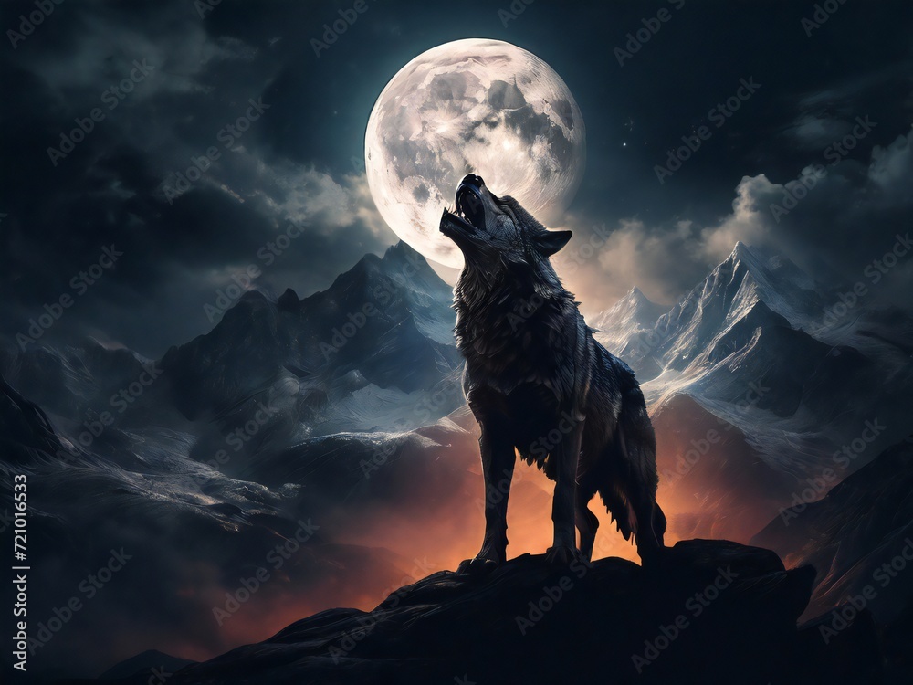 silhouette of a wolf, with a background of night, moon and stars. design for poster, web, flyer, social media. ai generative design - obrazy, fototapety, plakaty 