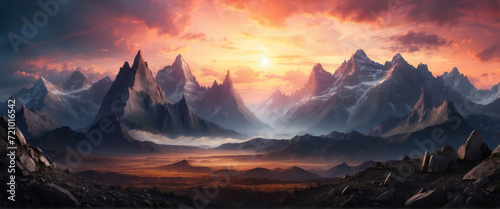 fantasy landscape of black rocky mountains under the sunset sky. Abstract panoramic background.