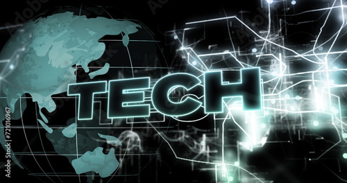 Image of tech text over globe on black background © vectorfusionart