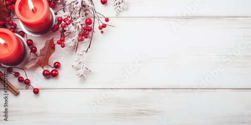 Christmas decoration on white wooden background. Flat lay, top view. Generative AI
