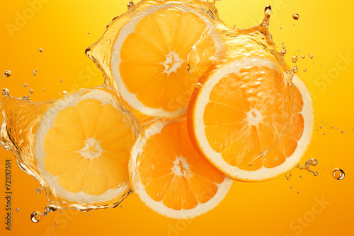 Orange slices with bubbles and splashes in yellow liquid. Abstract citrus background, fresh summer juice. Oranges floating in liquid, Vitamin C serum concept