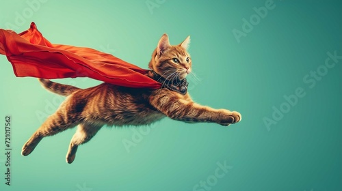 Superhero cat, Cute kitty with a red cloak and mask jumping and flying on light blue background with copy space. The concept of a superhero, super cat, leader, funny animal studio shot. © Huong