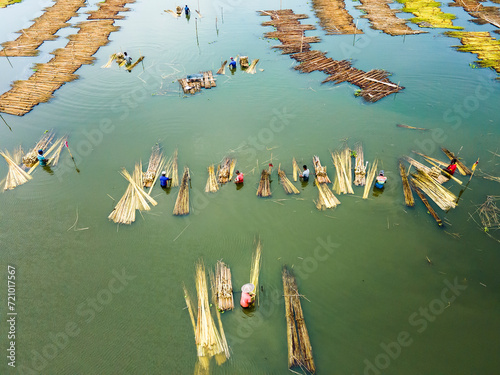 Farmers are busy separating jute fibre from stalks in a water body at Sarkerpara village in Naldanga Upazila of Natore district, Bangladesh. photo