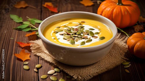 Pumpkin soup with cream and pumpkin seeds on a wooden background Generative AI