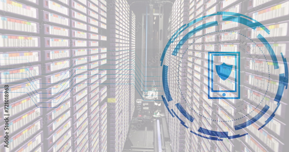 Obraz premium Image of smartphone icon over data processing and server room