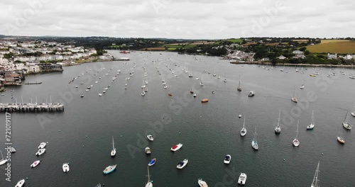 Aerial View Boats Moored In Falmouth Harbour. Push Forward Shot photo