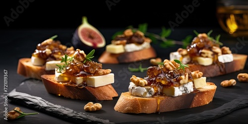 Bruschetta with cheese, honey and nuts on a black background. Generative AI