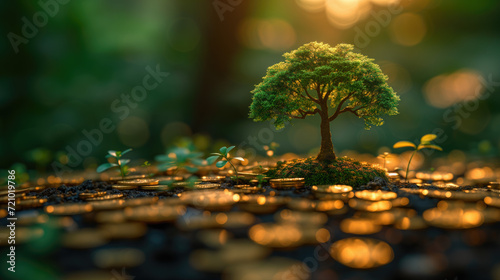 The growth of the tree of wealth accumulation, coinage, investing, and the creation of retirement portfolios or capital assets. Success in business and startups Business concept. Hologram