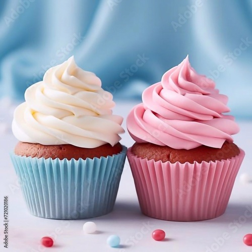 Gender party. boy or girl. two cupcakes with blue and pink cream  celebration concept when the gender of the child becomes known