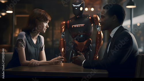 Two people talking with AI robot