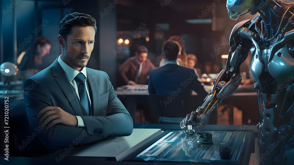 Person in meeting with AI robot Person in meeting with AI robot
