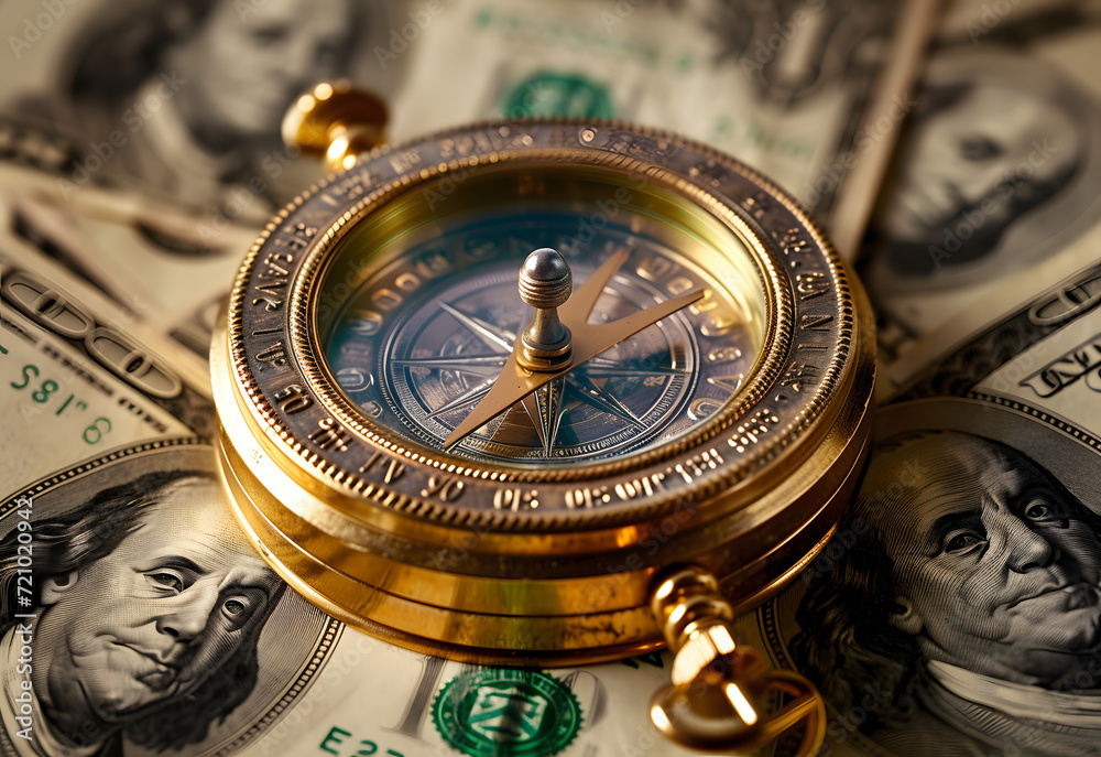 Compass aiming at money, finance concept