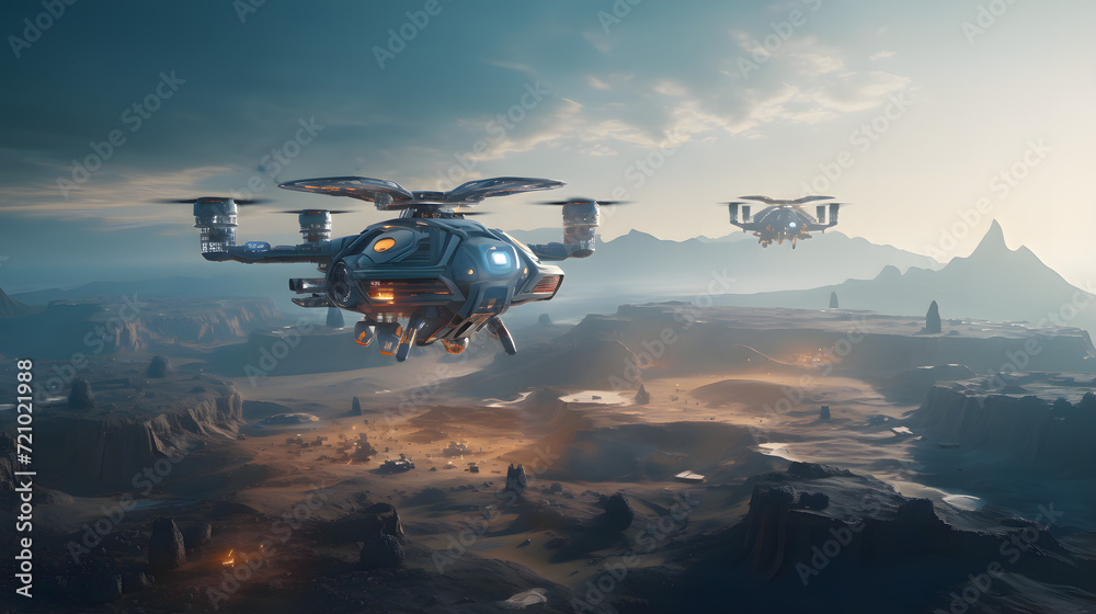 Fototapeta premium Futuristic drone flying over desert