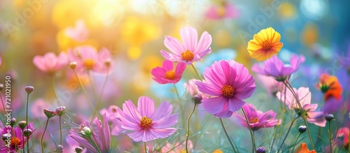 Mesmerizing View of Blooming Cosmos Flowers in a Colorful Meadow