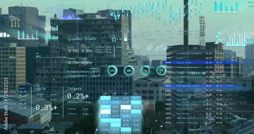 Image of financial data processing over cityscape