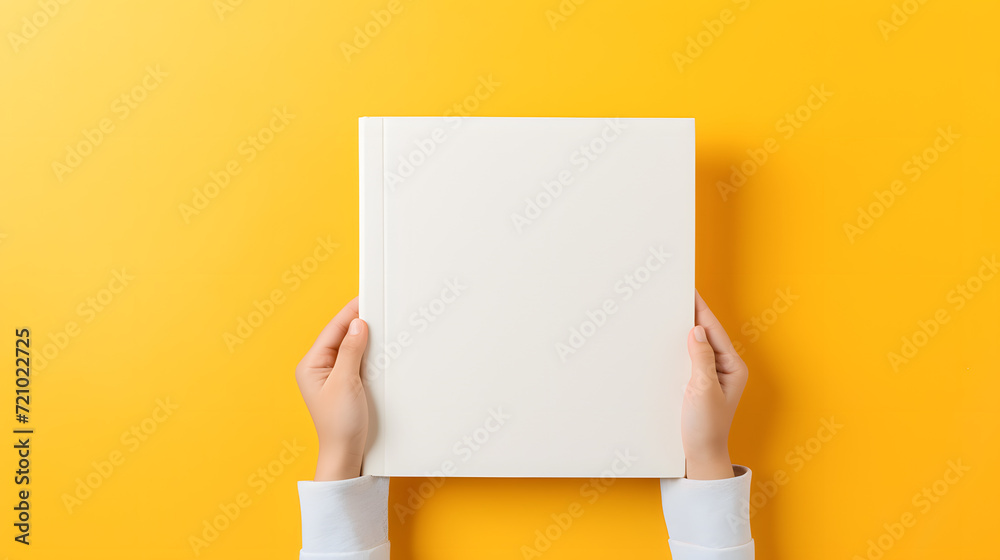 hands holding a Mock up of a book, plain space, empty cover on bright coloful backdrop hands holding a Mock up of a book, plain space, empty cover on bright coloful backdrop