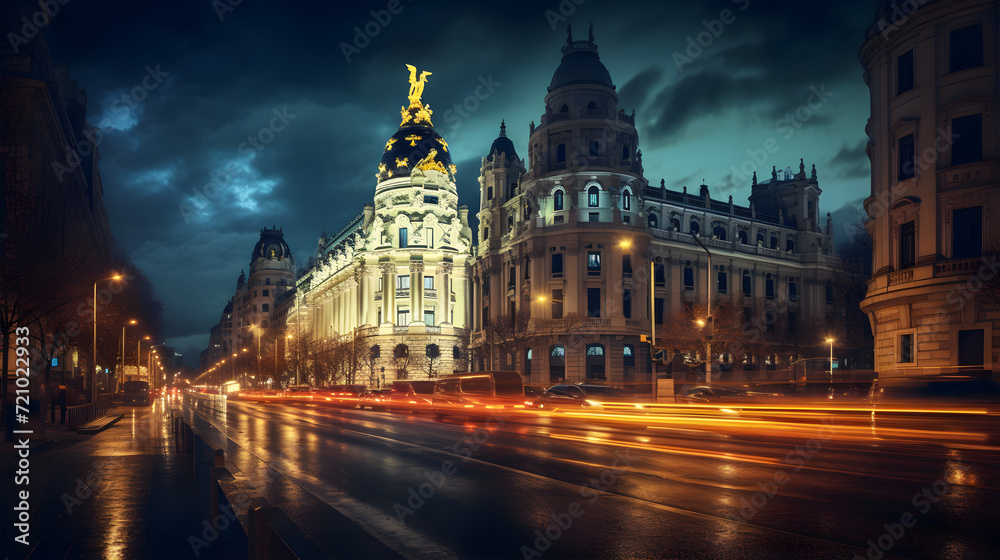 The night view of the beautiful city of Madrid, Spain