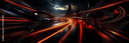 In an otherworldly environment, neon lights stream along a high-speed road, creating a dynamic and futuristic scene.