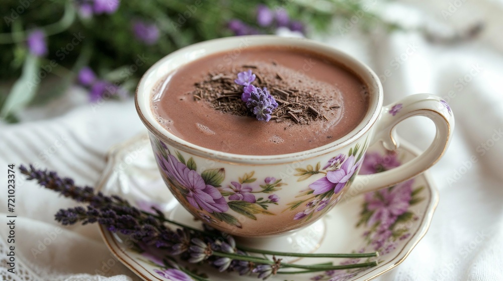 Hot chocolate with a delicate floral accent on the saucer, AI-generated. Hot chocolate with a delicate floral accent on the saucer, AI-generated.