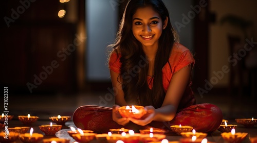 Beautiful indian woman celebrating diwali or deepawali and lighting candles Generative AI