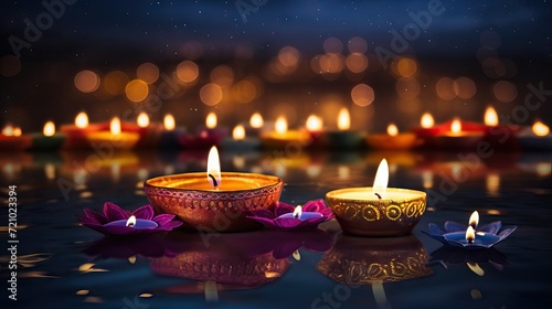 Beautiful diwali background with burning candles and bokeh lights Generative AI