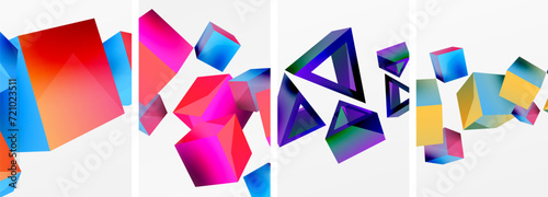 Flying 3d shapes, cubes and other geometric elements background design for wallpaper, business card, cover, poster, banner, brochure, header, website