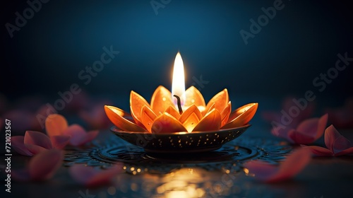 Beautiful diwali diya with lotus flowers on dark background Generative AI