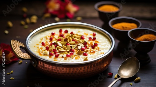 Oatmeal porridge with pomegranate seeds, nuts and honey Generative AI