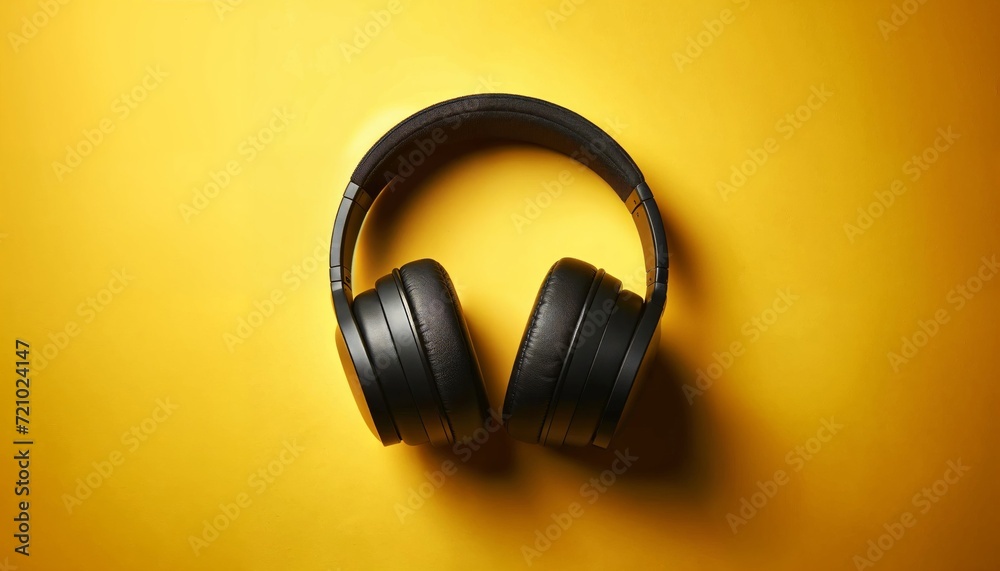 black headphones on a yellow background, top view stock photo black headphones on a yellow background, top view stock photo