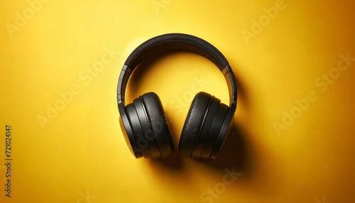 black headphones on a yellow background, top view stock photo