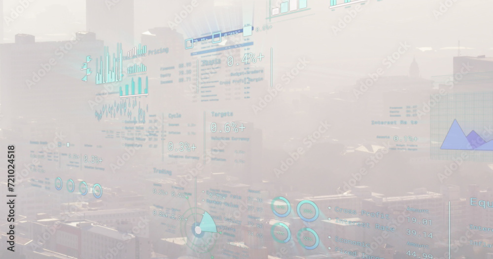 Fototapeta premium Image of financial data processing over cityscape