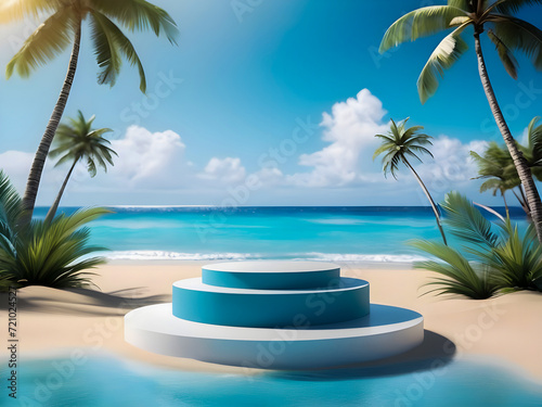 photo 3d rendering Summer 3d podium with copy space for product display presentation on blue beach background