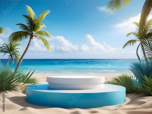 photo 3d rendering Summer 3d podium with copy space for product display presentation on blue beach background © Emongrapic