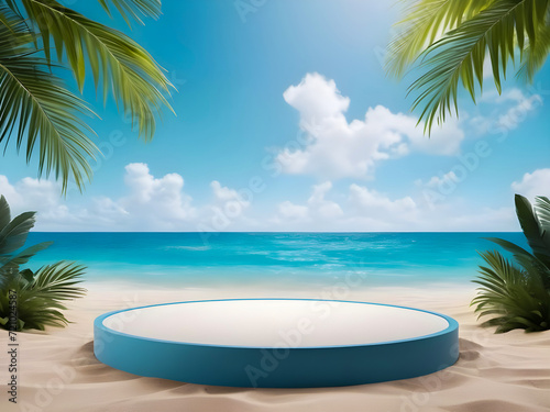 photo 3d rendering Summer 3d podium with copy space for product display presentation on blue beach background
