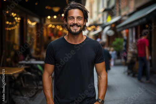 Smiling Man Wearing Empty Black T-Shirt Mockup AI Generated