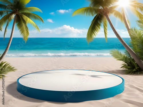 3d rendering white podium stage on summer beach landscape background with tropical green leaves