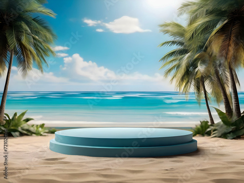 3d rendering white podium stage on summer beach landscape background with tropical green leaves